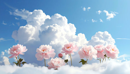 Beautiful pink peony flowers in the sky. 3d renderingの素材