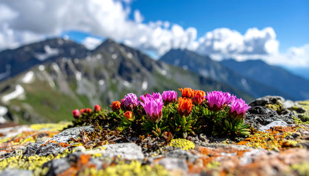 Colorful flowers in the mountains. Alpine meadow with pink flowers.の素材
