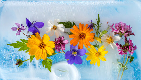 Flowers frozen in ice cube. Spring flowers frozen in ice cubeの素材