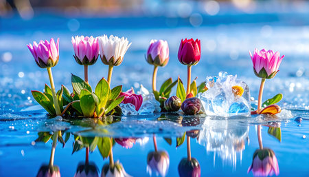 Tulip flowers with ice cube in the water. Spring concept.の素材