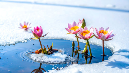 Beautiful pink lotus flower in the pond with ice and snowの素材
