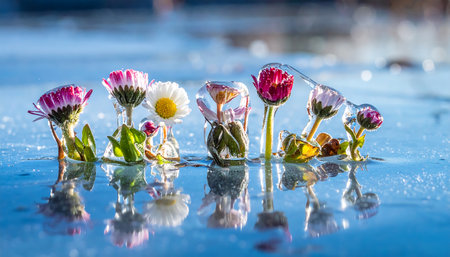 Colorful flowers in ice on frozen water surface with reflection of sunの素材
