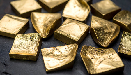 Pile of gold bars on a black background. Selective focus.の素材