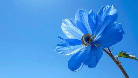 Blue anemone flower on blue sky background with copy space.の素材