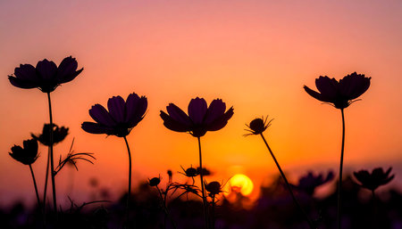 Beautiful cosmos flowers on sunset sky background. (Selective focus)の素材