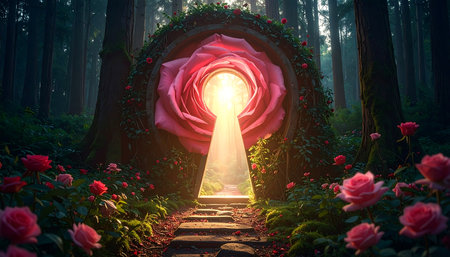 Mysterious entrance to the red rose garden. 3D renderingの素材