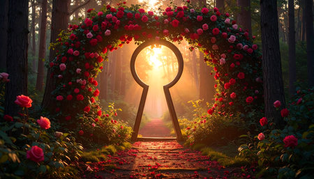 Sunset in the forest with arch of roses. 3d renderの素材