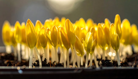 Close up of yellow saffron flowers in a pot, selective focusの素材