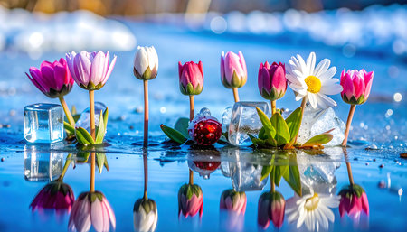 Colorful tulips in ice cubes on the frozen lake surface.の素材