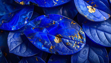 Blue leaves with gold paint, close up. Abstract background and texture.の素材
