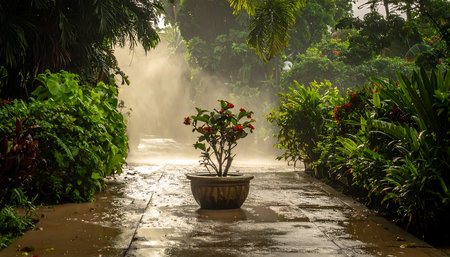 Flower pot in the garden with water sprinkler, Thailand.の素材