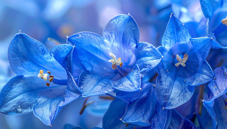 Blue flowers with water drops, close-up. Nature background.の素材