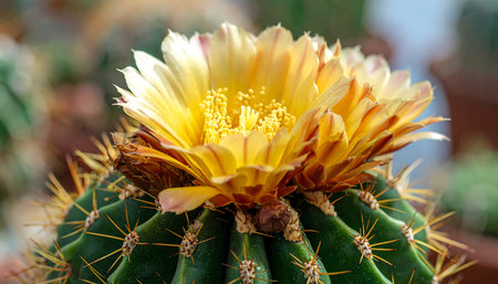 Cactus flower in the botanical garden, closeup of photoの素材