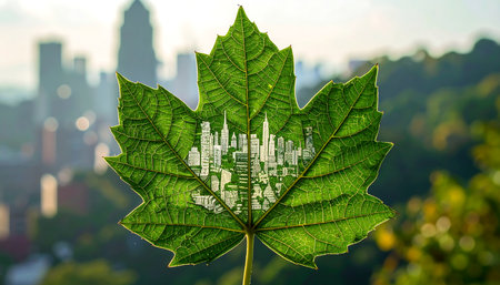 Green leaf with city and skyscrapers as a symbol of ecologyの素材