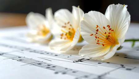 Musical notes with white crocus flowers on a wooden table.の素材