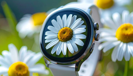 Smart watch with camomile flower on the green grass background.の素材