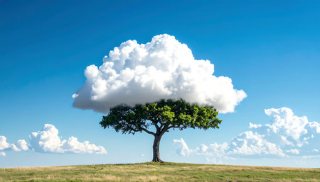 Single tree in a meadow with a blue sky and white cloudsの素材