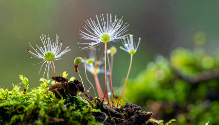 Macro of moss and flowers in the forest. Shallow depth of fieldの素材