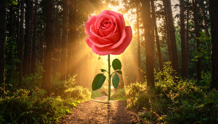 Beautiful red rose in the forest with sunlight. Nature background.の素材