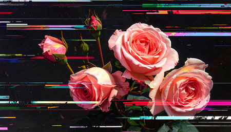 Pink roses on a black background with colored stripes in the style of glitchの素材