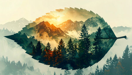Fantasy landscape with mountains, coniferous forest and sun.の素材