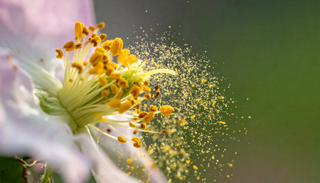 A macro shot of a flower with pollen and stamens.の素材