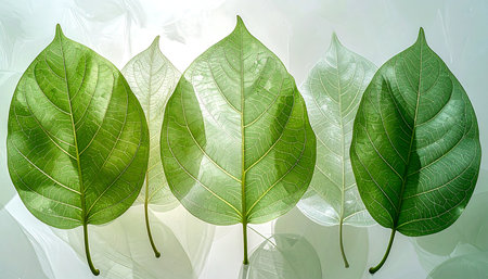 Green leaves on a white background. 3D illustration. Macro.の素材