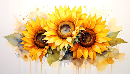 Sunflowers with watercolor splashes on a white background.の素材