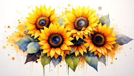 Beautiful sunflower bouquet with watercolor splashes on white backgroundの素材
