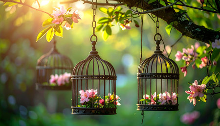 Birdcage hanging on the tree in the garden. Vintage styleの素材