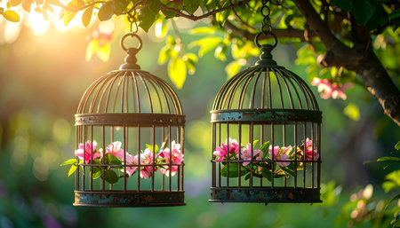 Vintage birdcages with pink flowers in the garden at sunsetの素材