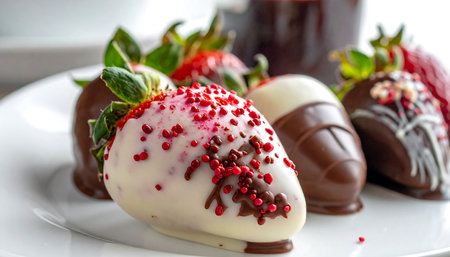 Strawberry chocolate dipped in white chocolate on a white plate.の素材