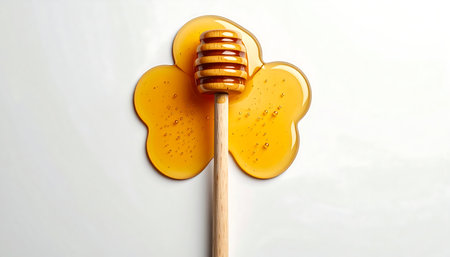 Honey drizzled from a wooden honey dipper on a white backgroundの素材