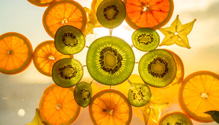 Slices of orange, kiwi and lemon reflected in waterの素材