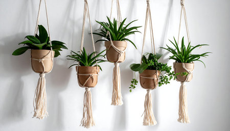 Plants in pots hanging on a white wall with copy space.の素材