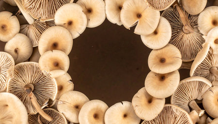 mushroom frame on a wooden background. top view. macroの素材