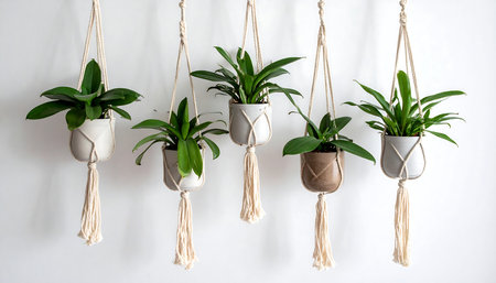 houseplants in pots hanging on a white wall, interior decorationの素材