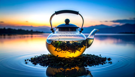 Green tea in a teapot on the water with sunrise backgroundの素材