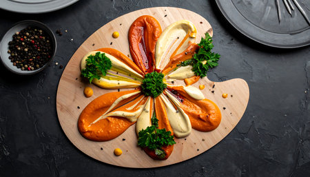 Salad of smoked sausages and vegetables on a wooden boardの素材