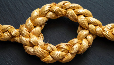 Rope knot on a black background, closeup of photo.の素材