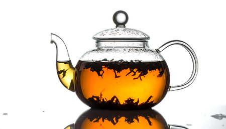 Glass teapot with black tea on a white background with reflectionの素材