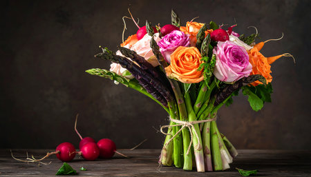 Bouquet of fresh spring flowers on dark background, selective focusの素材