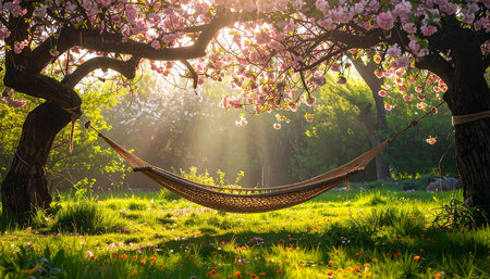 Hammock in blooming garden at sunset. Beautiful spring landscapeの素材