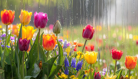 Raindrops on the window with tulips and grape hyacinthsの素材