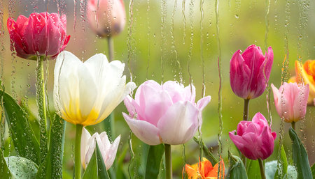 Raindrops on the window. Beautiful tulips in the garden.の素材