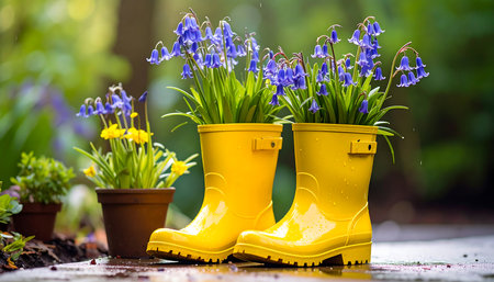 Spring flowers and rubber boots in the garden. Gardening concept.の素材