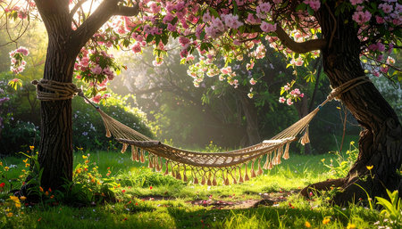 Hammock in the blooming garden with pink flowers and green grassの素材