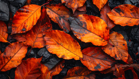 Autumn leaves background. Colorful autumn leaves on black background.の素材