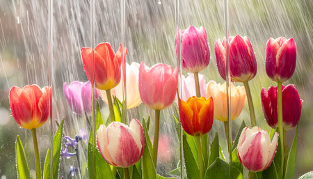 Colorful tulip flowers blooming in the garden with rain dropsの素材