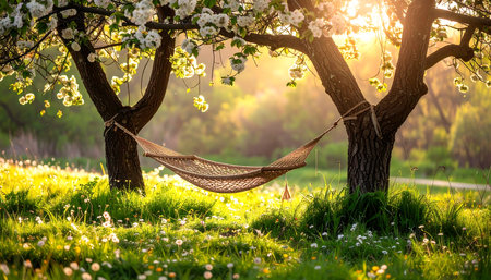 Hammock in blooming apple orchard. Beautiful spring landscape.の素材